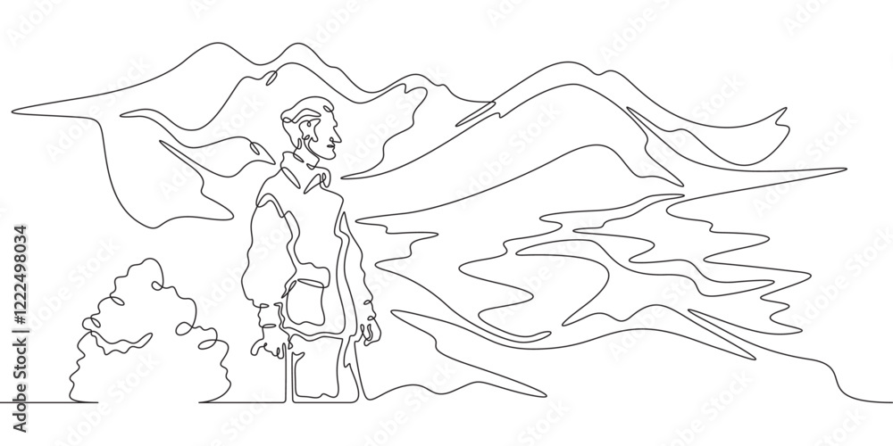 Continuous one line drawing old man walking in the park. Elderly man against the backdrop of nature. Mountain landscape.One continuous line isolated minimal illustration.Not AI. Continuous one line drawing old man walking in the park. Elderly man against the backdrop of nature. Mountain landscape.One continuous line isolated minimal illustration.Not AI.