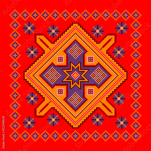 Vector illustration of Ukrainian ornament in ethnic style, identity, vyshyvanka, embroidery for print clothes, websites, banners. Background. Geometric design, border, copy space, frame