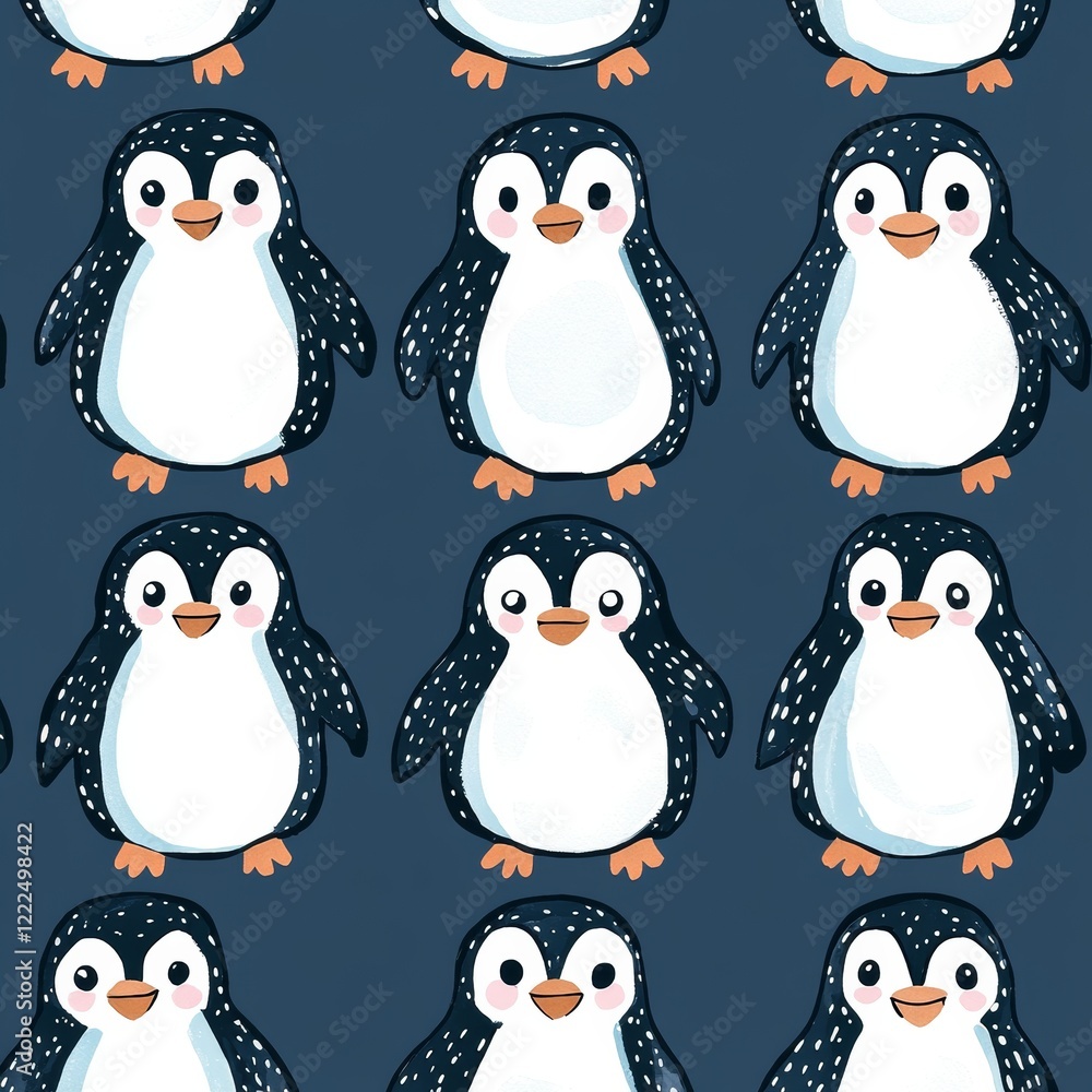 Naklejka premium Seamless pattern with cute penguins. Hand-drawn illustration. Vector.