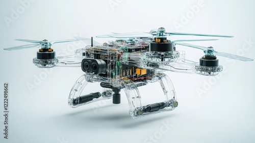 Transparent Drone with Visible Internal Components, Detailed Design and Technology Concept.
