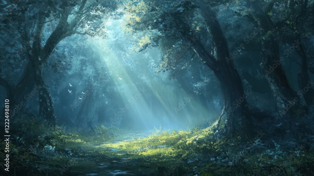 Enchanted Forest Path with Sunbeams and Flying Birds Digital Painting. Enchanted Forest Path with Sunbeams and Flying Birds Digital Painting.