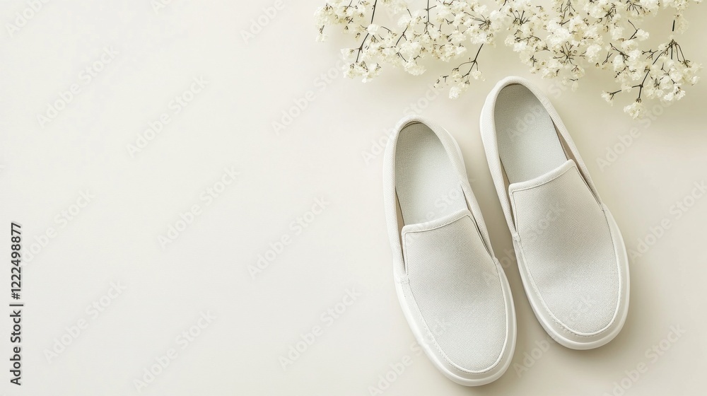 A pair of white slip-on shoes with white flowers on a white background A pair of white slip-on shoes with white flowers on a white background