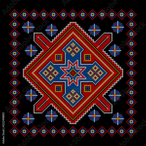 Vector illustration of Ukrainian ornament in ethnic style, identity, vyshyvanka, embroidery for print clothes, websites, banners. Background. Geometric design, border, copy space, frame