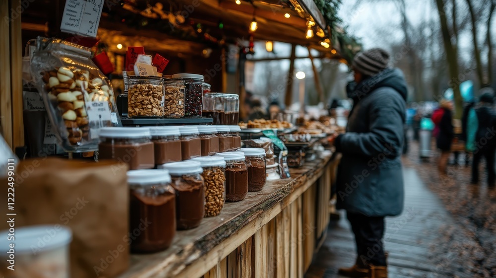 A hot chocolate stand in a festive outdoor market setting A hot chocolate stand in a festive outdoor market setting