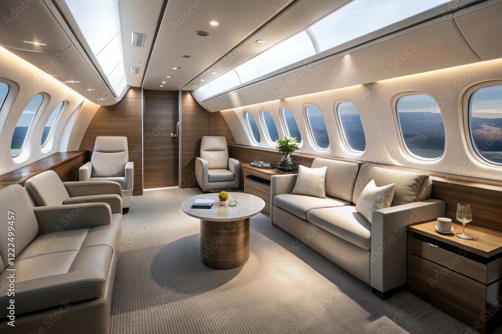 Fototapeta premium Luxurious Private Jet Cabin Interior Sophisticated Seating, Elegant Decor, and Panoramic Views