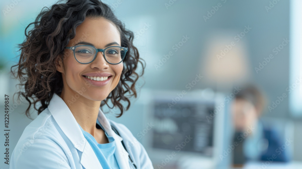 Fototapeta premium smiling female doctor wearing glasses and white coat is seen in modern medical office, exuding confidence and professionalism. computer screen is visible in background