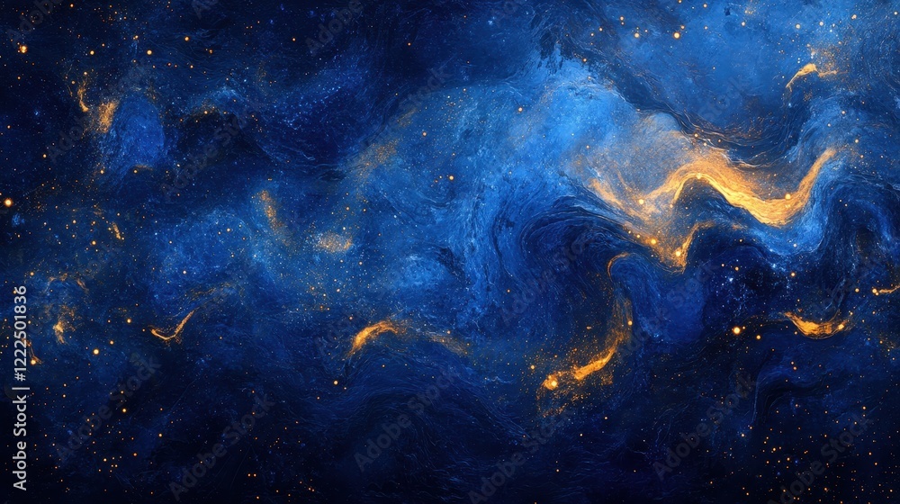 Abstract Deep Blue and Gold Galaxy Swirls Background with Sparkling Stars. Abstract Deep Blue and Gold Galaxy Swirls Background with Sparkling Stars.