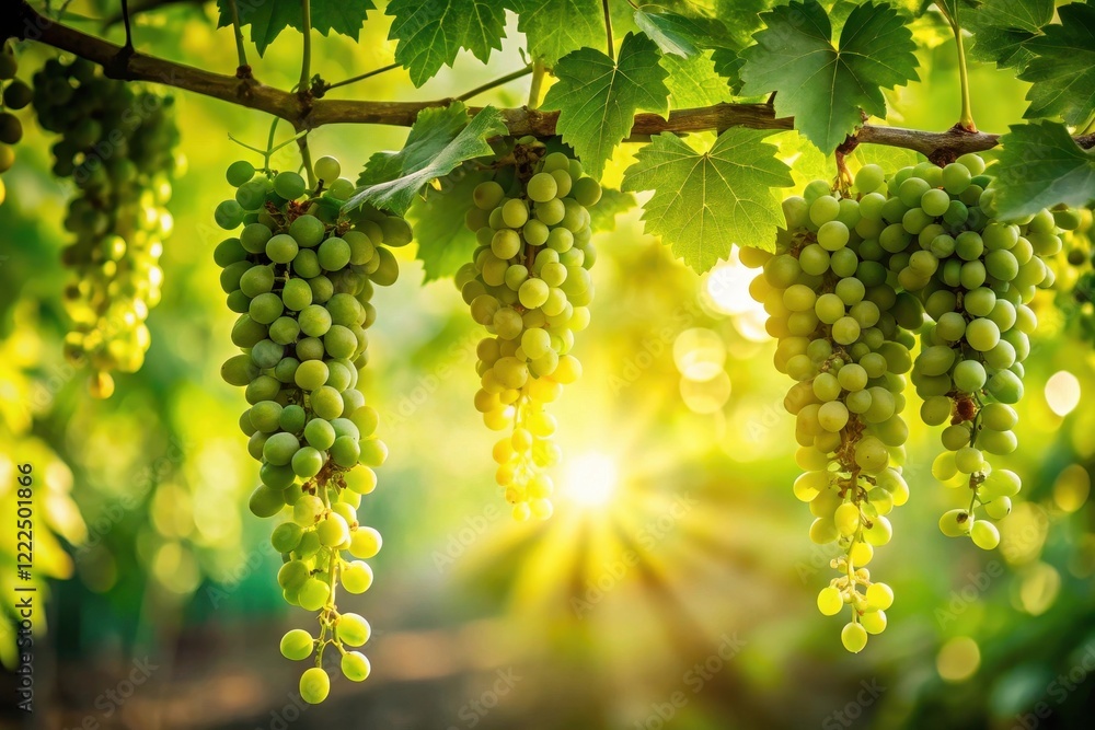 Sunlit Green Grapes Hanging on Vine, Lush Foliage, Summer Harvest Sunlit Green Grapes Hanging on Vine, Lush Foliage, Summer Harvest