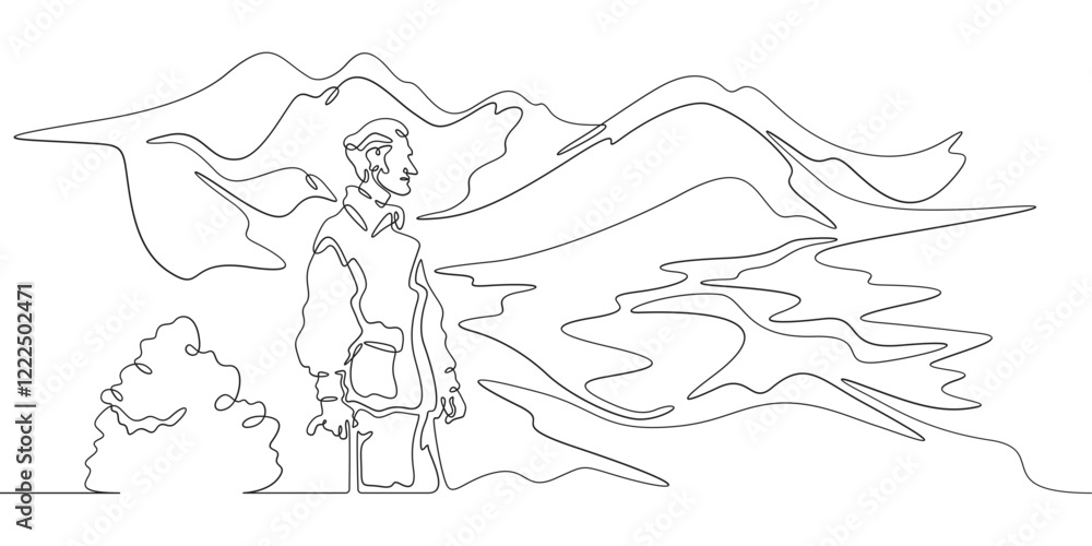Continuous one line drawing old man walking in the park. Elderly man against the backdrop of nature. Mountain landscape.One continuous line isolated minimal illustration.Not AI. Continuous one line drawing old man walking in the park. Elderly man against the backdrop of nature. Mountain landscape.One continuous line isolated minimal illustration.Not AI.
