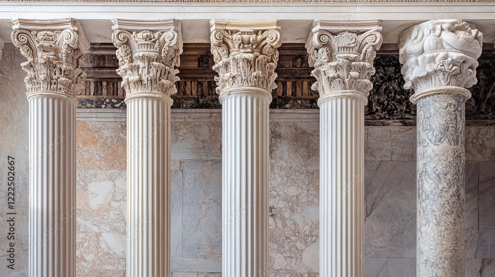 Obraz premium Ancient roman columns, marble architecture decor. Vector realistic antique greek white pillars with capitals in doric, corinthian, ionic and tuscan style isolated on transparent background