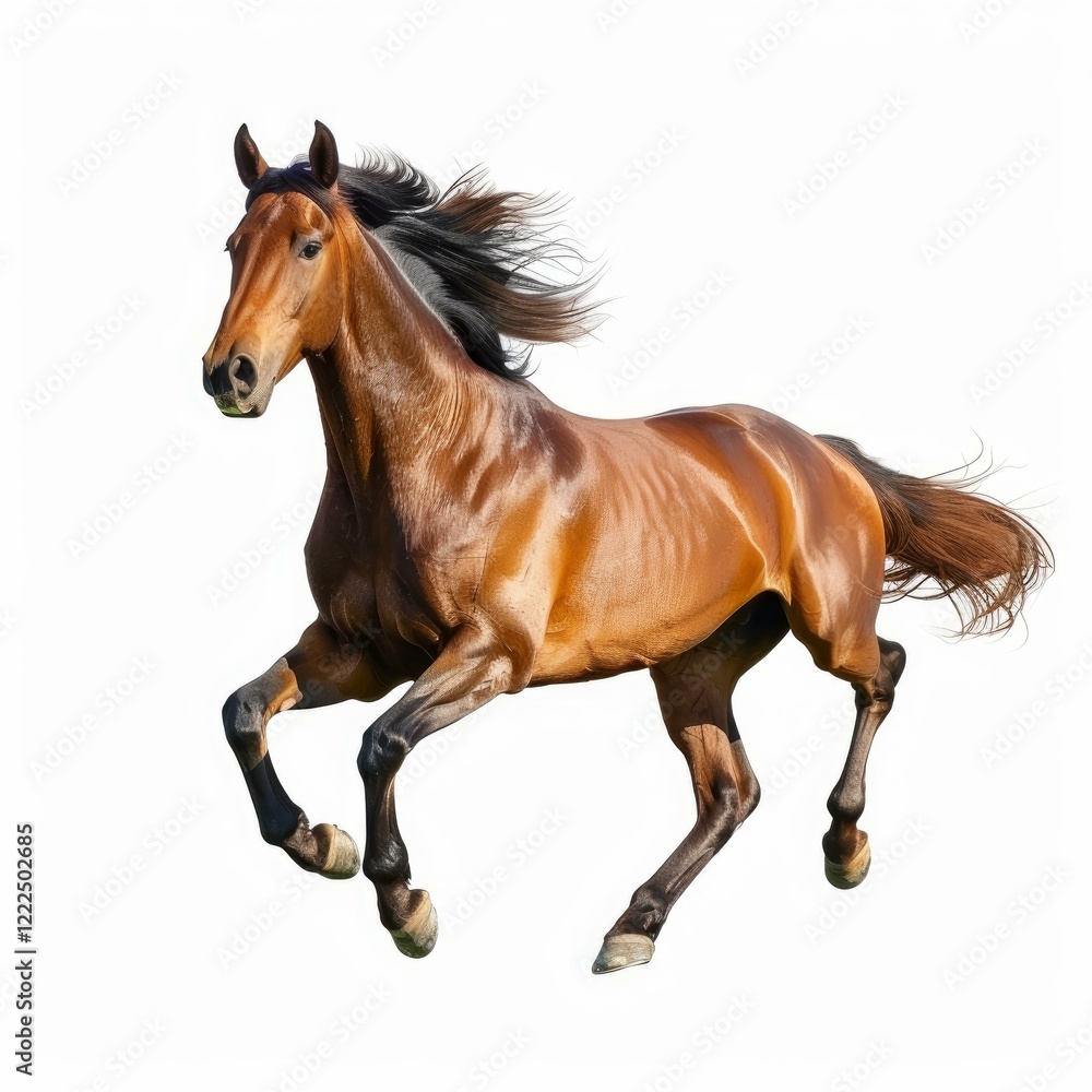 Powerful bay horse with flowing mane galloping freely on a white background, showcasing its grace and strength Powerful bay horse with flowing mane galloping freely on a white background, showcasing its grace and strength