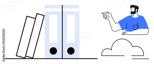 Books leaning beside binders with a pointing figure, indicating cloud storage and data management. Ideal for office organization, digital archives, productivity tools, information systems, cloud