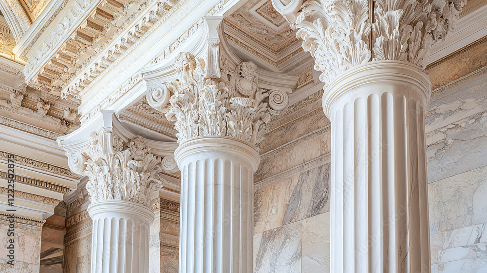 Fototapeta premium Ancient roman columns, marble architecture decor. Vector realistic antique greek white pillars with capitals in doric, corinthian, ionic and tuscan style isolated on transparent background