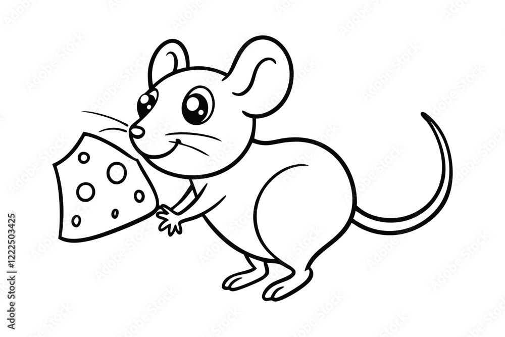 A cartoon line art drawing of a tiny mouse holding a giant piece of cheese.eps A cartoon line art drawing of a tiny mouse holding a giant piece of cheese.eps