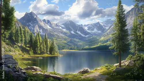 Forest nature with lake and mountain vector background scene. Tree near pond water and grass hill summer valley landscape illustration. Calm alps meadow panoramic travel environment backdrop design
