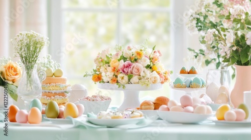 Beautifully arranged Easter table showcasing a variety of traditional foods, vibrant painted eggs, and lovely floral centerpieces. Perfect for a spring celebration with family and friends.