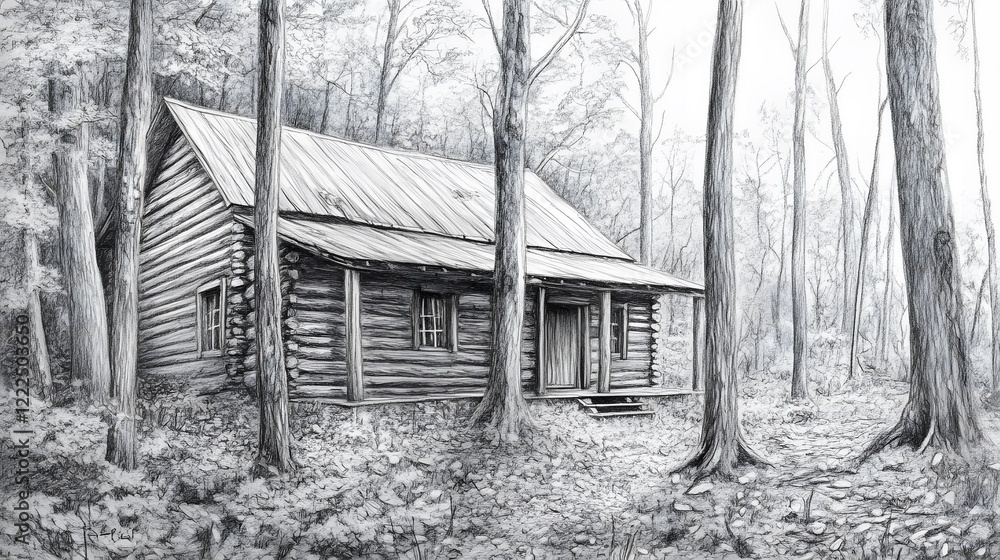 Obraz premium Detailed Pencil Drawing of Rustic Wooden Cabin Surrounded by Forest in a Serene Natural Setting