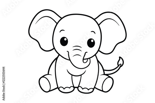 A cartoon line art drawing of a baby elephant sitting down.eps