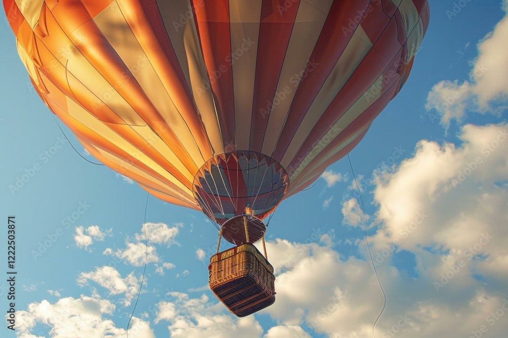 Fototapeta premium Colorful hot air balloon rising through a bright blue sky dotted with fluffy white clouds