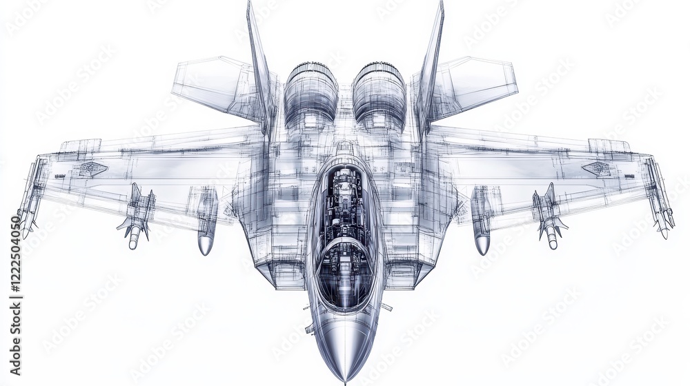 Detailed Blueprint of a Military Jet Fighter with Missiles, Technical Drawing Illustration. Detailed Blueprint of a Military Jet Fighter with Missiles, Technical Drawing Illustration.