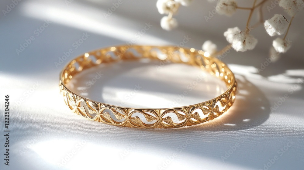 Elegant gold bracelet on a silky white background with delicate floral accents Elegant gold bracelet on a silky white background with delicate floral accents