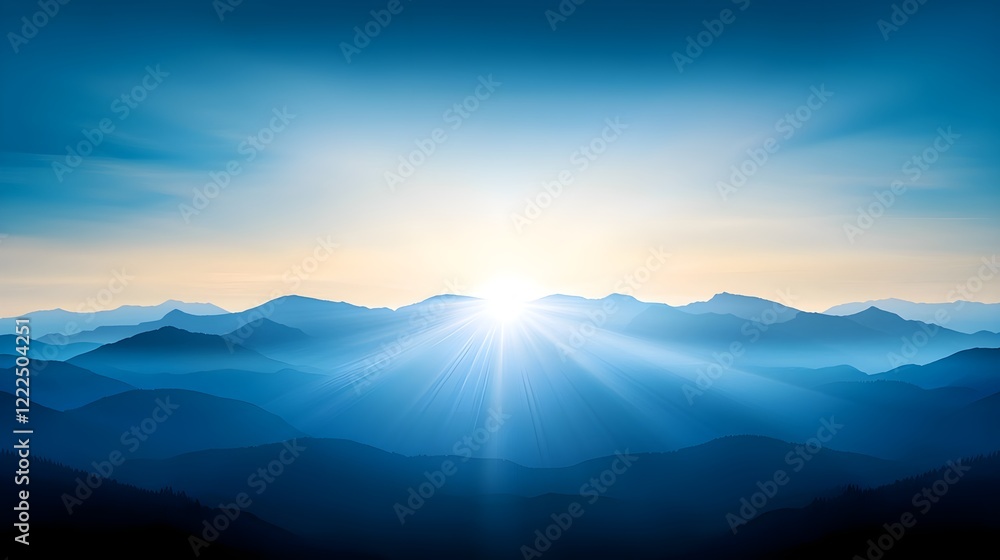 Glowing Sunrise Over Misty Mountain Range in Soft Blue Hues Glowing Sunrise Over Misty Mountain Range in Soft Blue Hues