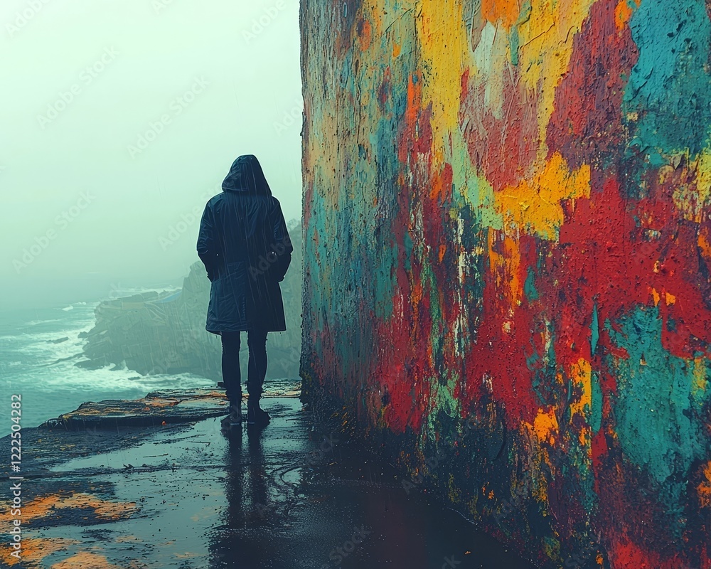 Obraz premium Solitary Figure Leaning Against Graffitied Wall in Moody Urban Setting