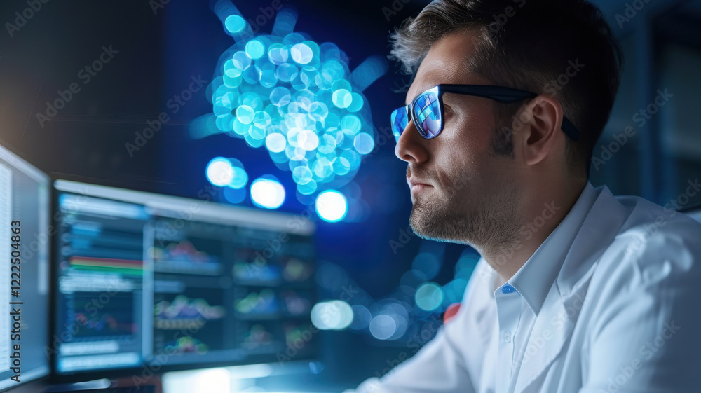 data scientist wearing glasses is focused on monitoring AI algorithms on computer screen, with futuristic neural network visualization in background data scientist wearing glasses is focused on monitoring AI algorithms on computer screen, with futuristic neural network visualization in background