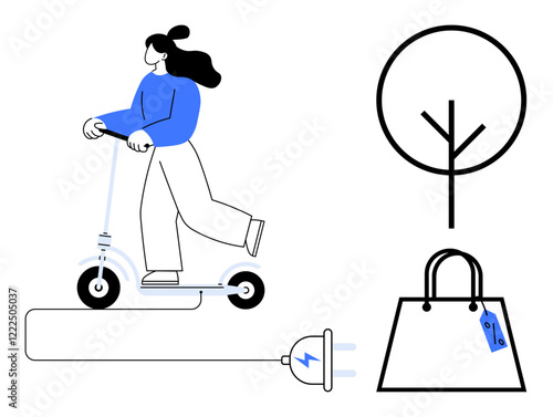 Woman on electric scooter plugged into power source, minimalist tree symbol, shopping bag with price tag. Ideal for eco-friendly living, sustainability, urban transport, minimalism, shopping