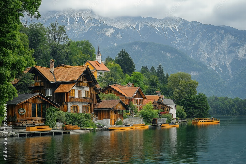Naklejka premium Beautiful alpine village on lake bohinj reflecting in calm water with mountains in background