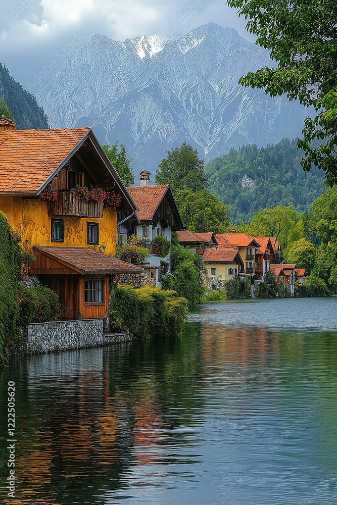Naklejka premium Colorful houses reflecting on the grundlsee in austria, with majestic mountain in the background
