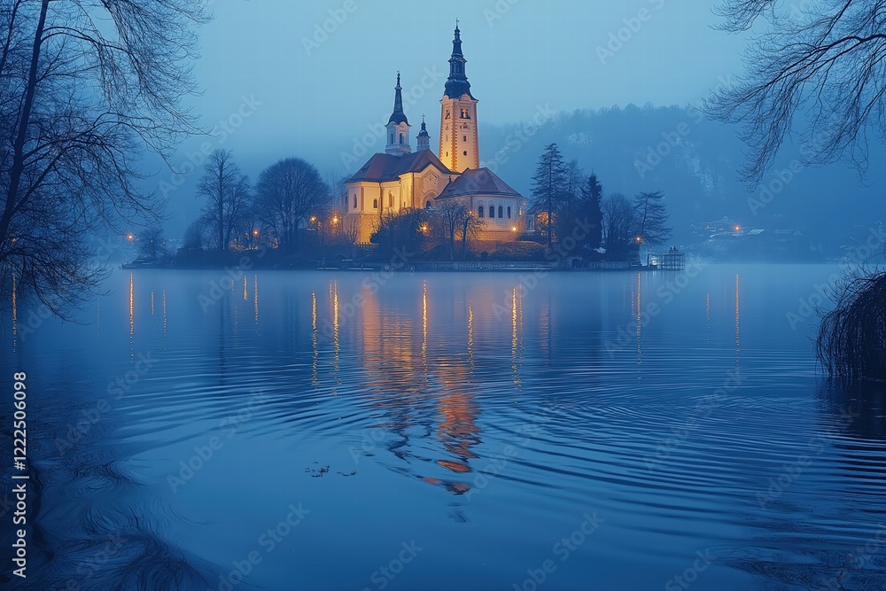 Fototapeta premium Assumption of mary pilgrimage church reflecting on lake bled at twilight