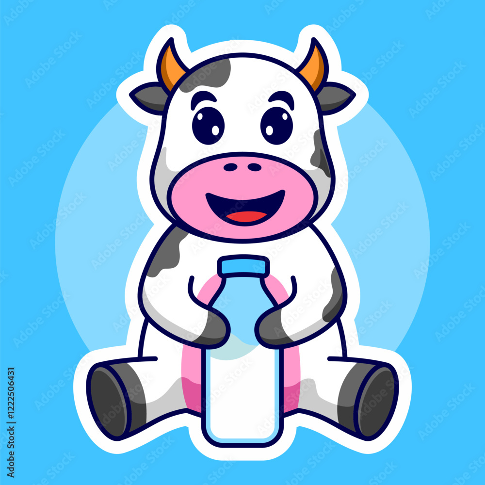 Fototapeta premium Cute Cow Sitting Cartoon Vector Icon Illustration Cow Drinking Milk Isolated Concept Icon