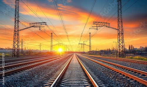 Railroad tracks at sunset with power lines