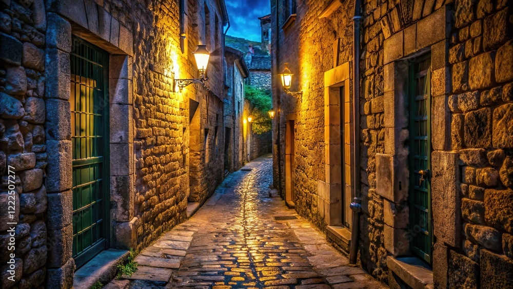 Nighttime aerial view of a stone alleyway, illuminated. Urban exploration. Nighttime aerial view of a stone alleyway, illuminated. Urban exploration.