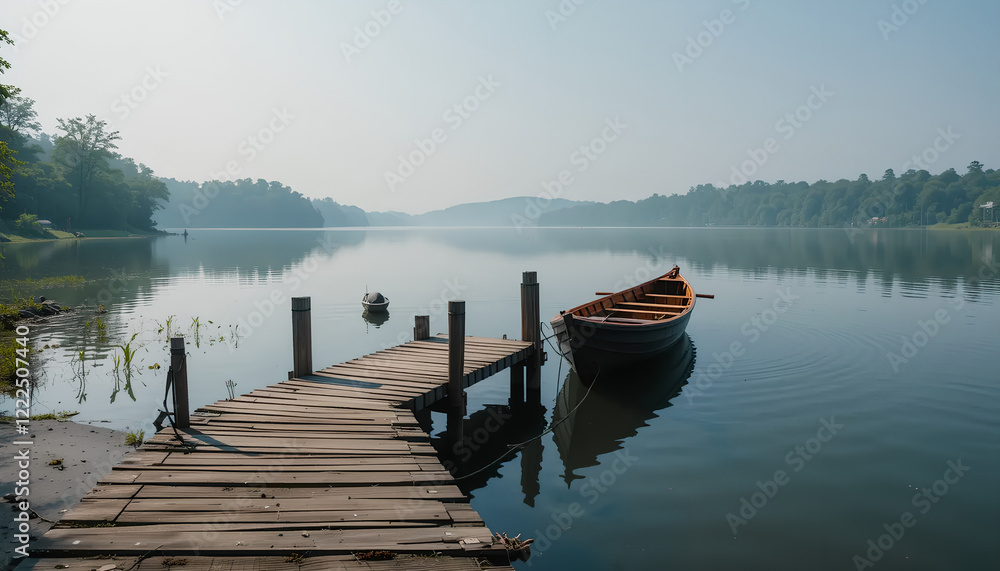Obraz premium Serene Lake Scene: A Tranquil Escape with Wooden Boat and Dock