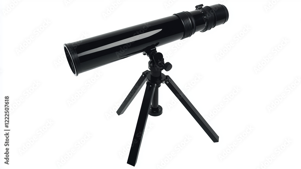 Telescope for space exploration, science discovery and astronomy studying. Equipment for watching stars and planets in cosmos. Night landscape with glass on tripod on hill, Cartoon vector illustration Telescope for space exploration, science discovery and astronomy studying. Equipment for watching stars and planets in cosmos. Night landscape with glass on tripod on hill, Cartoon vector illustration