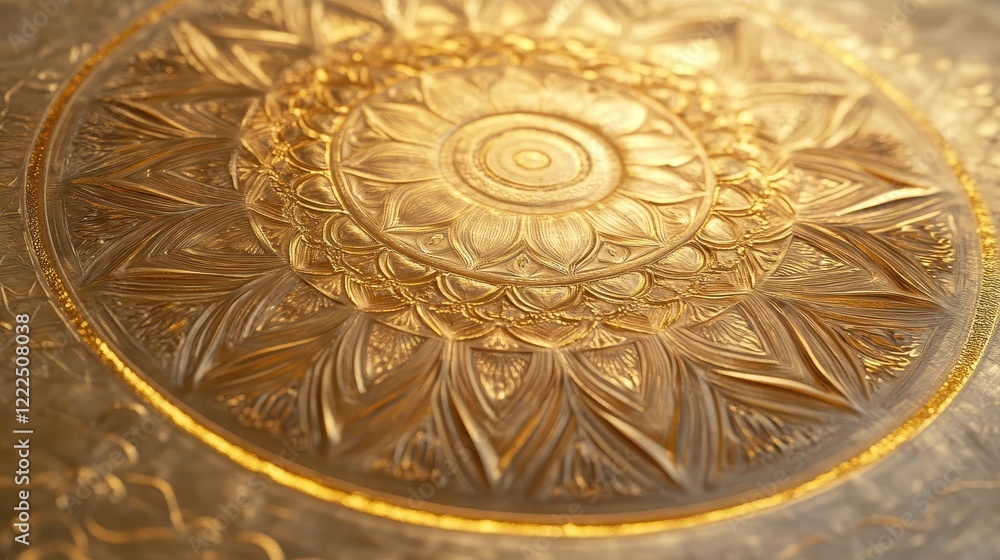 Obraz premium Intricate Golden Mandala Pattern on Glass, Ornate Sacred Geometry Design.