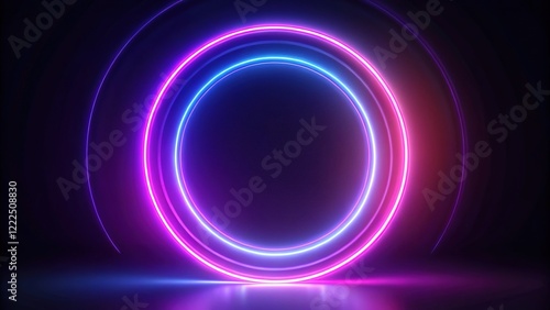 Purple neon circles spin on a glowing techno backdrop.