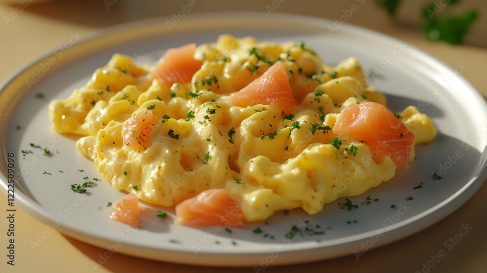 Creamy Scrambled Eggs with Smoked Salmon Garnished with Fresh Herbs on a White Plate Creamy Scrambled Eggs with Smoked Salmon Garnished with Fresh Herbs on a White Plate