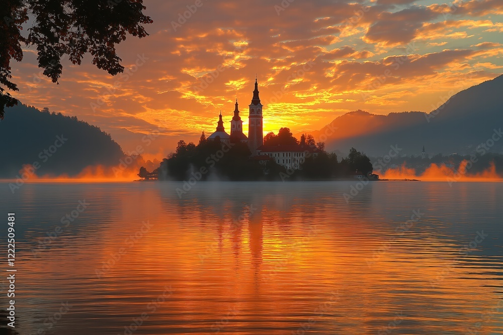 Naklejka premium Sunrise illuminating assumption of mary pilgrimage church on lake bled island, slovenia