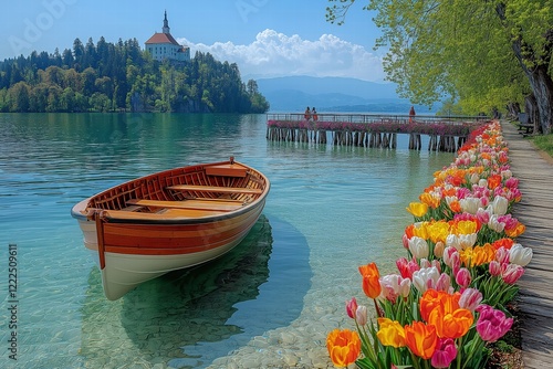 Wooden boat floating on lake bled with colorful tulips and pilgrimage church of the assumption on island photo