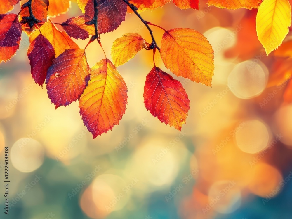 Vibrant Autumn Leaves on a Branch with Bokeh Background, Close-up, Warm Colors. Vibrant Autumn Leaves on a Branch with Bokeh Background, Close-up, Warm Colors.