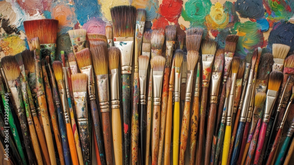 Obraz premium Bright illustration of artistic tools: brushes, pencils, and a watercolor palette. A colorful and stylish design perfect for art, creativity, education, and hobby-related themes