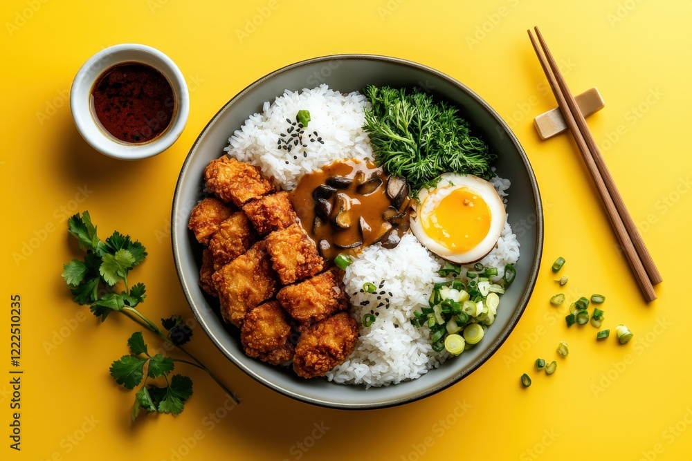 A beautifully arranged chicken rice bowl featuring crispy fried chicken pieces, a soft-boiled egg, and drizzled with a savory sauce, perfect for a satisfying meal. A beautifully arranged chicken rice bowl featuring crispy fried chicken pieces, a soft-boiled egg, and drizzled with a savory sauce, perfect for a satisfying meal.