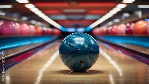 Blue swirling bowling ball poised on the polished wooden lane ready for a competitive sports promotion.