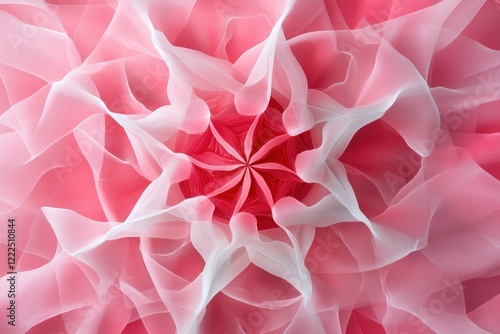 An elegant and gentle composition showcasing swirling pink and white hues that combine to create a delicate floral-like abstract design.