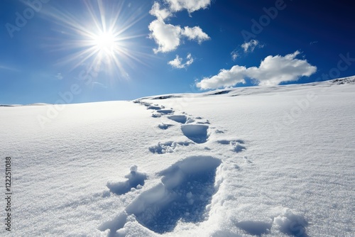 A serene winter landscape showcasing sunlit footprints on untouched snow, illustrating tranquility and the beauty of nature on a bright, clear day. photo