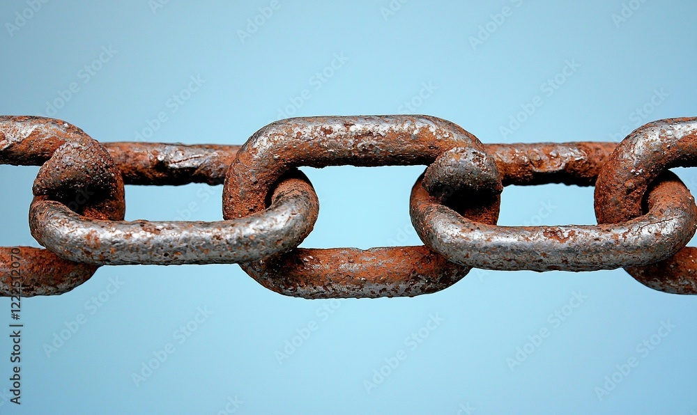 Rusty metal chain links close-up on blue background, ideal for concepts of strength, connection, industry Rusty metal chain links close-up on blue background, ideal for concepts of strength, connection, industry