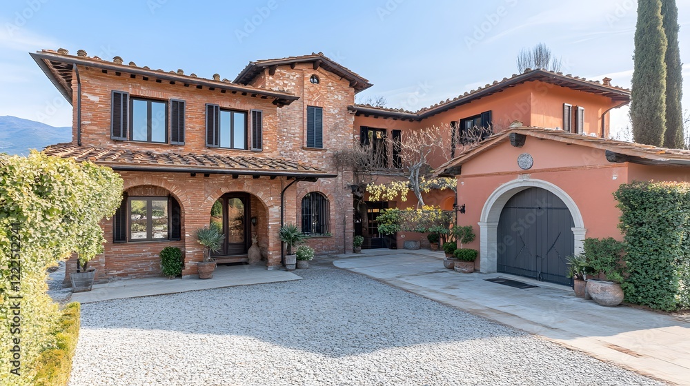 Fototapeta premium Tuscan Style Villa Exterior with Gravel Driveway